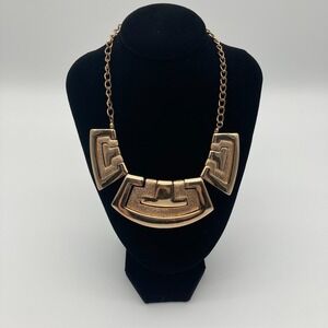 Vintage Gold Tone Geometric Bib Necklace | Textured Brutalist Statement Collar